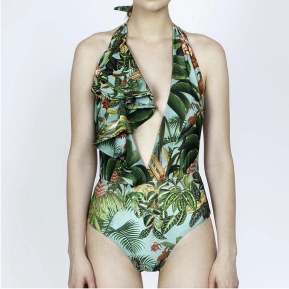 PatBo Ruffle Halter Plunge Tropical One Piece Swimsuit M - Picture 1 of 6